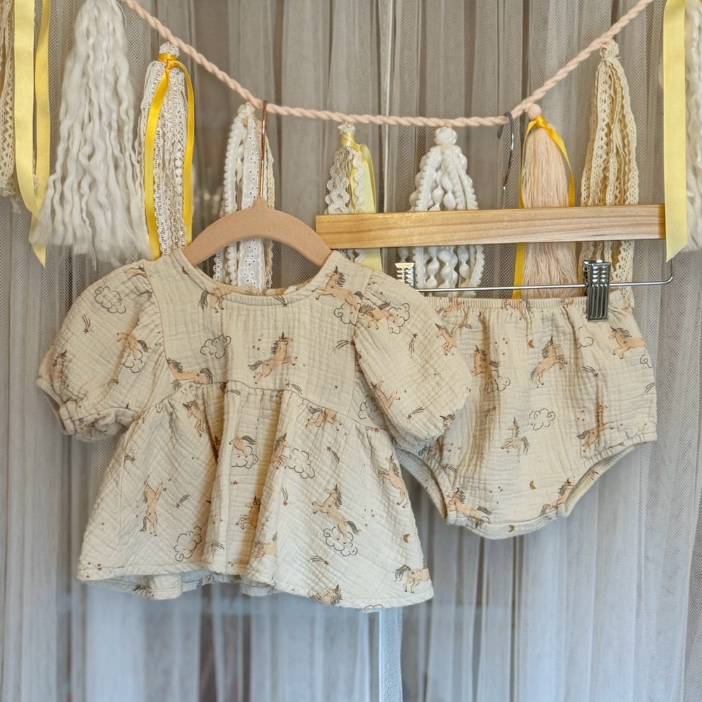 Quincy Mae unicorn muslin dress with bloomers
